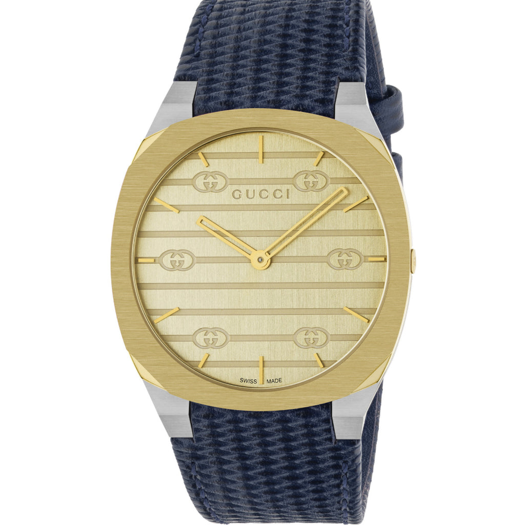 GUCCI 25H 38 mm 18k Gold Plated Bezel Steel Case Leather Strap - YA163418