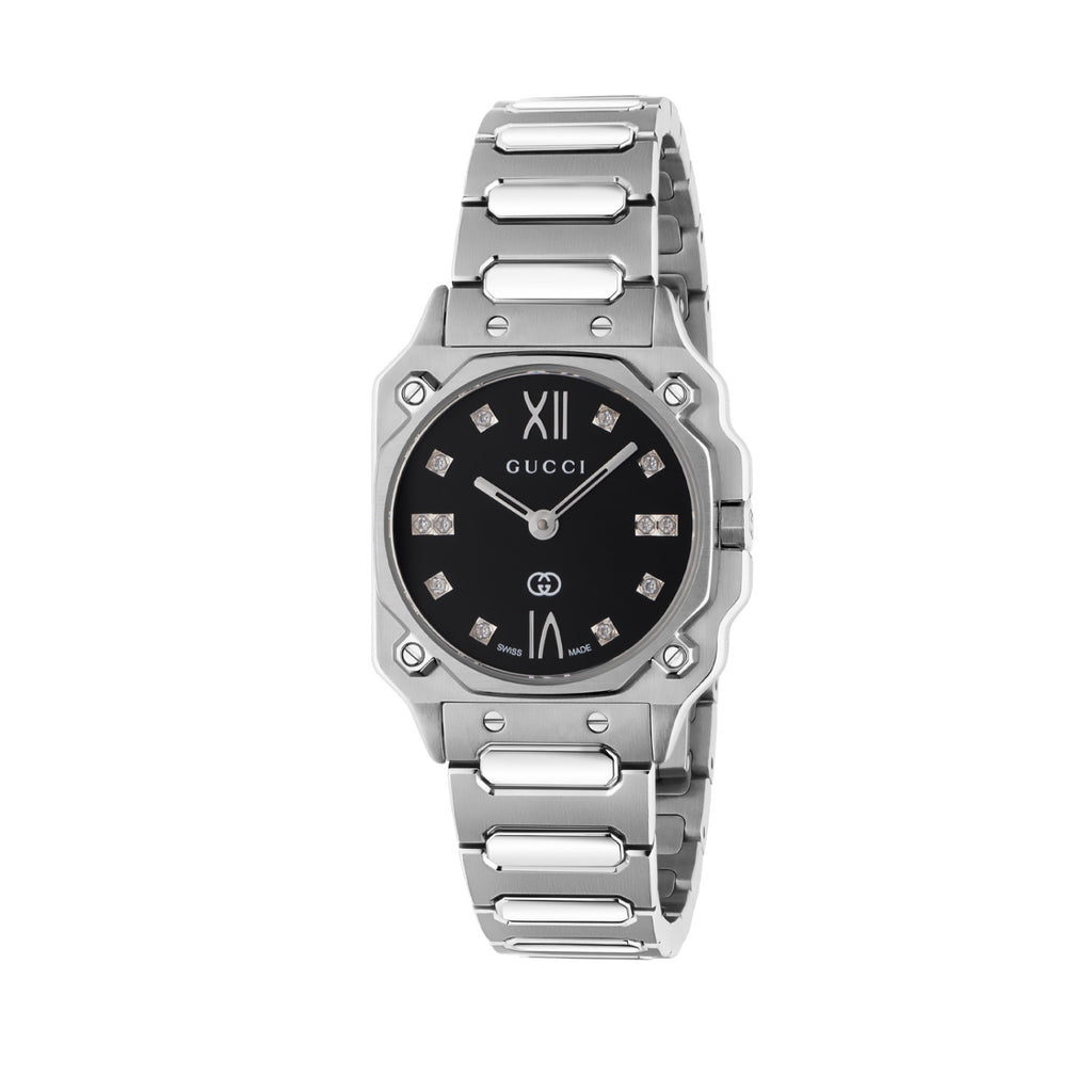 GUCCI G-Flat 24 mm Black Diamond Dial Steel Bracelet - YA166507