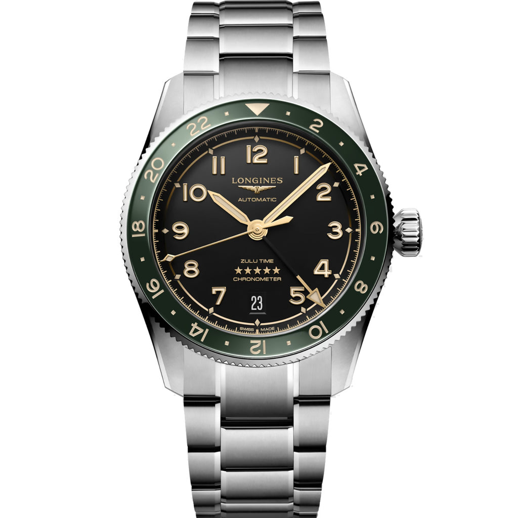 Longines - Spirit Zulu Time GMT 39 mm Green Bezel Anthracite Dial Bracelet - L38024636