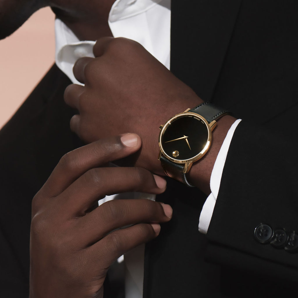Movado - Museum Classic 40 mm Yellow Gold PVD Black Leather Band - 0607271