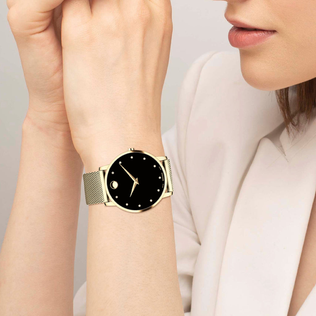 Movado - Museum Classic 40 mm Diamond Dial Yellow Gold PVD Mesh Bracelet - 0607512