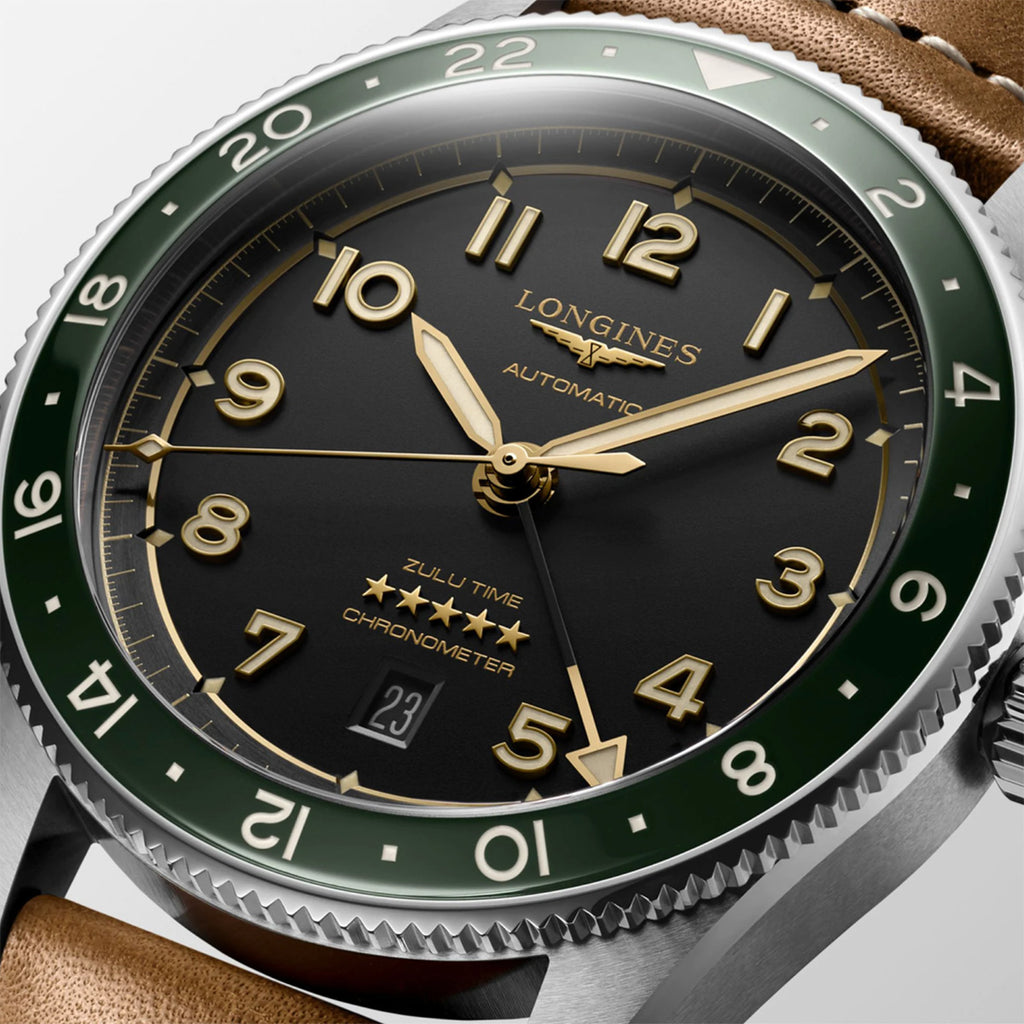 Longines - Spirit Zulu Time GMT 42 mm Green Bezel Anthracite Dial Leather - L38124632