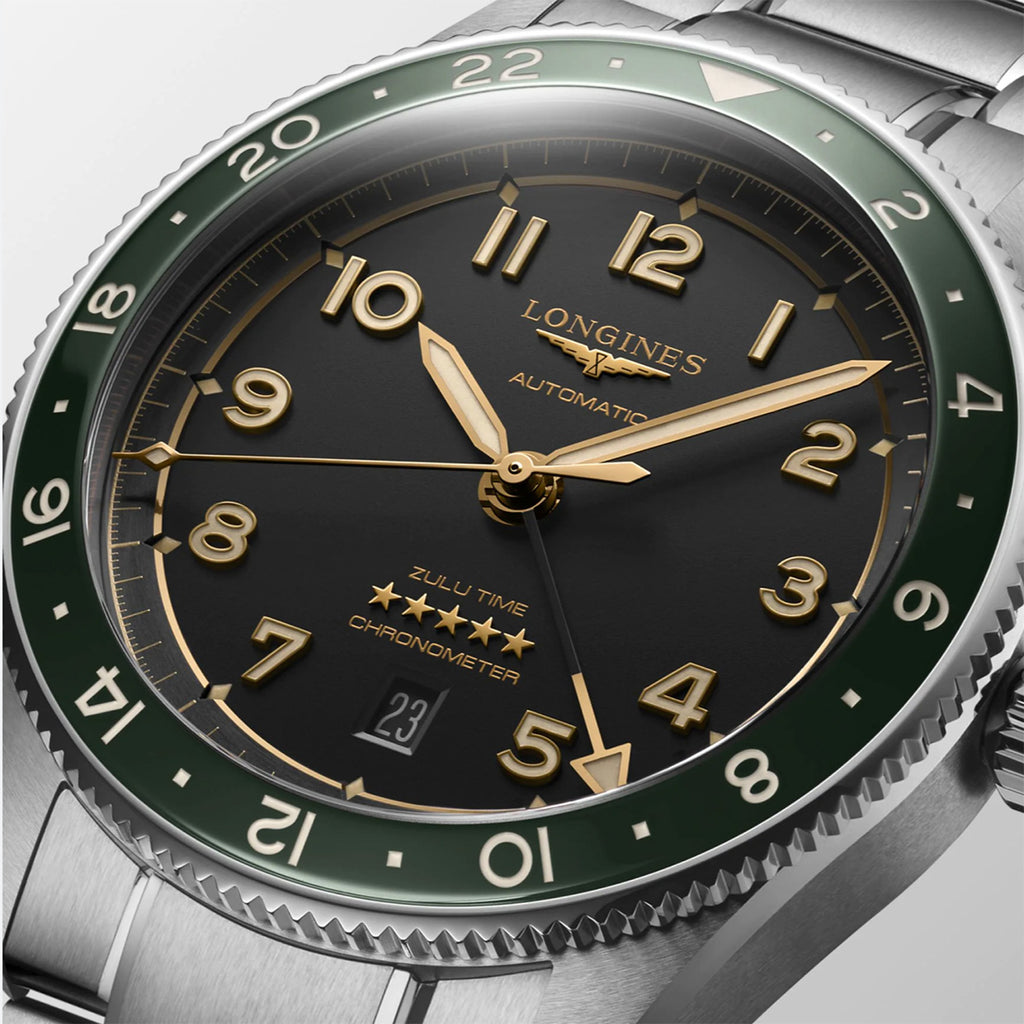 Longines - Spirit Zulu Time GMT 42 mm Green Bezel Anthracite Bracelet - L38124636