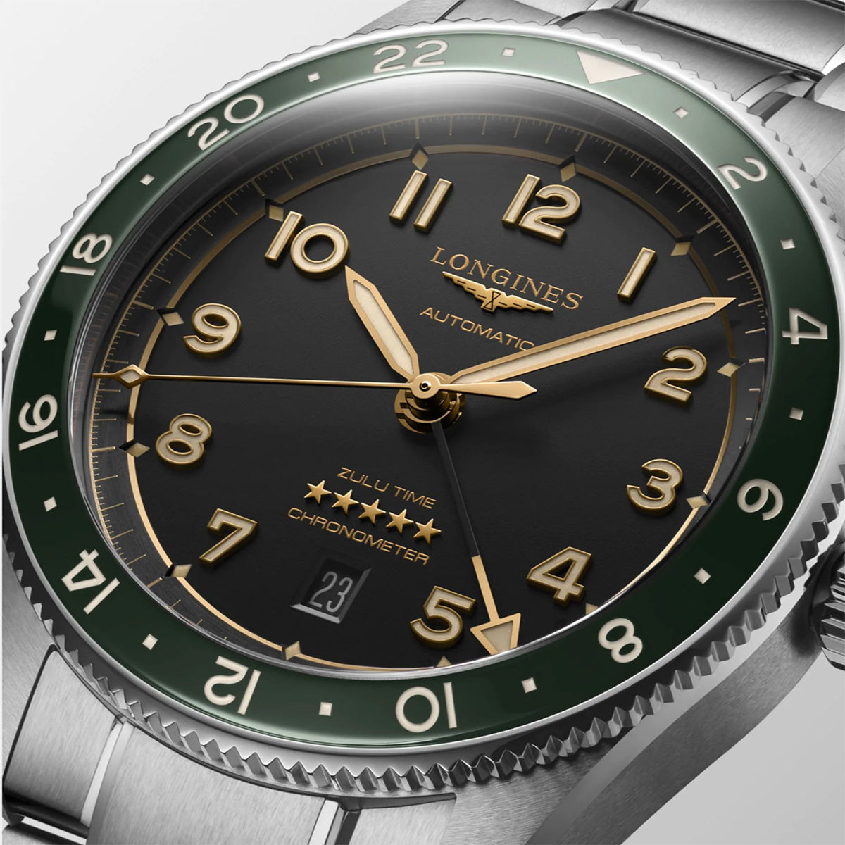 Longines Spirit Zulu Time GMT 42 mm Green Bezel Anthracite