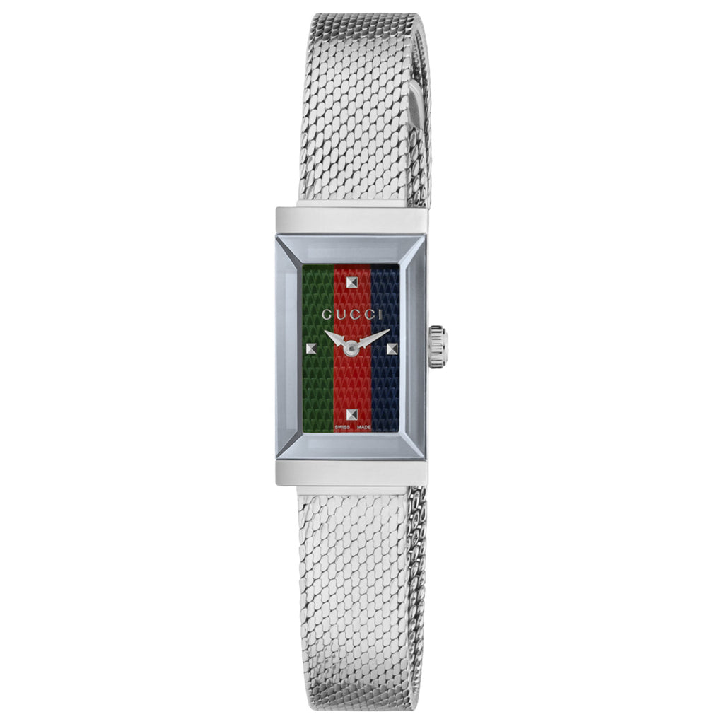 Gucci G-Frame 25 mm Women's Green Red Blue Web Dial Mesh Bracelet - YA147510