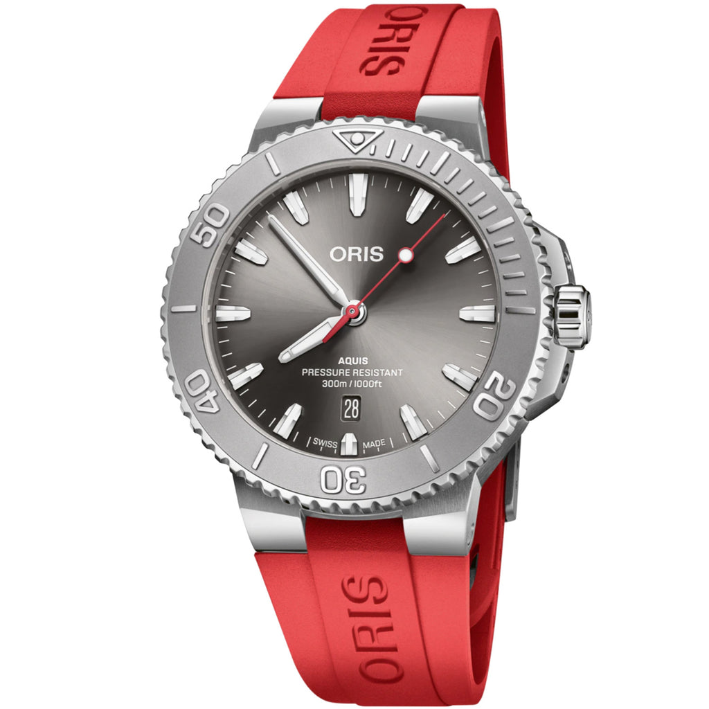 Oris - Aquis 43.5 mm Grey Dial Relief Bezel Red Rubber Band - 01 733 7789 4153-07 4 23 36FC