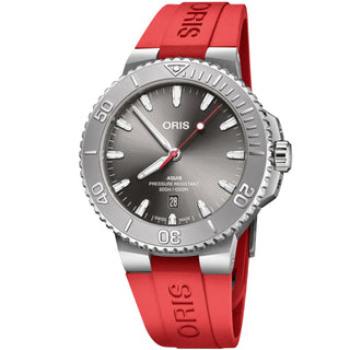 Oris - Aquis 43.5 mm Grey Dial Relief Bezel Red Rubber Band - 01 733 7789 4153-07 4 23 36FC