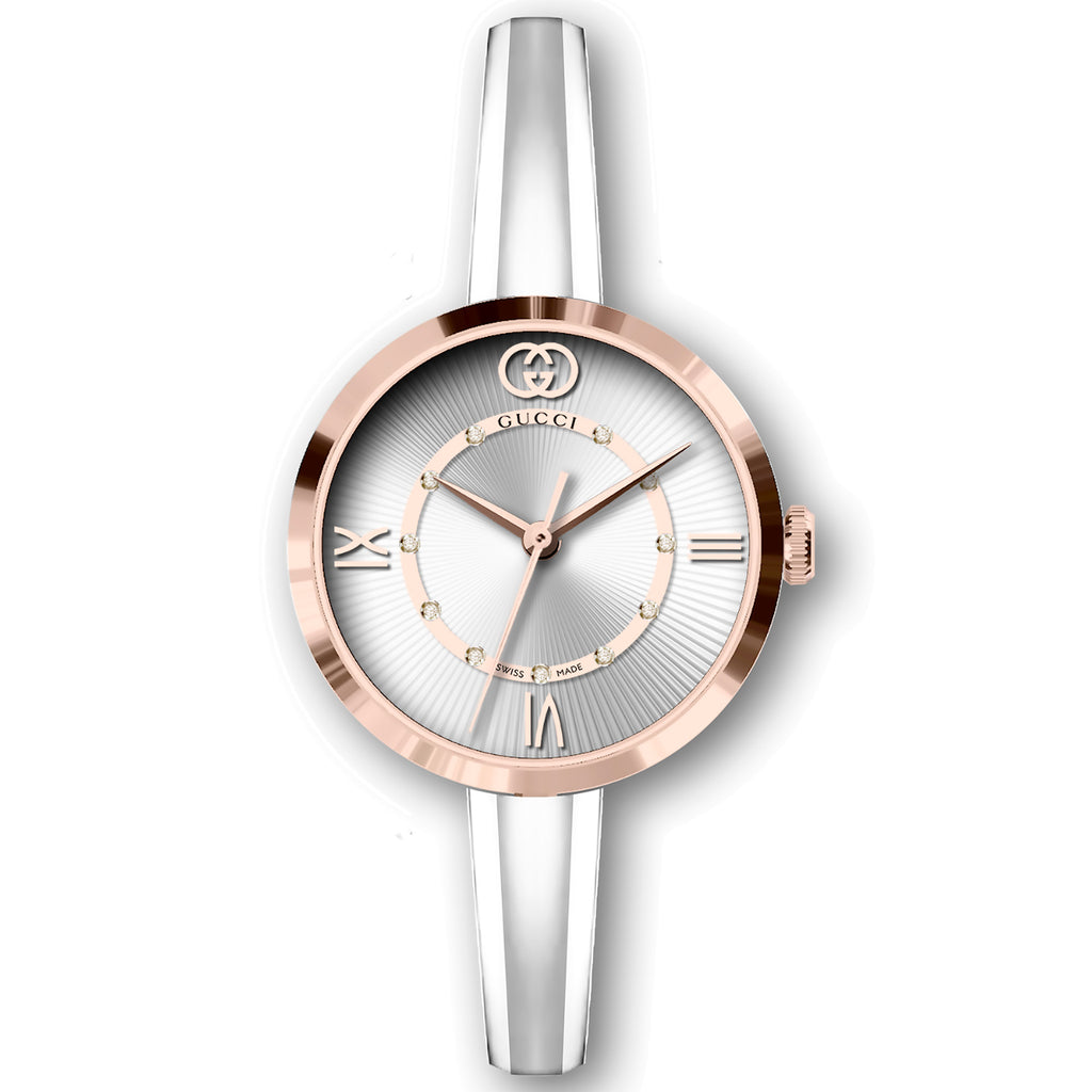 GUCCI Model 2000 Pink Gold Bezel Diamond Dial Bangle Bracelet - YA167524
