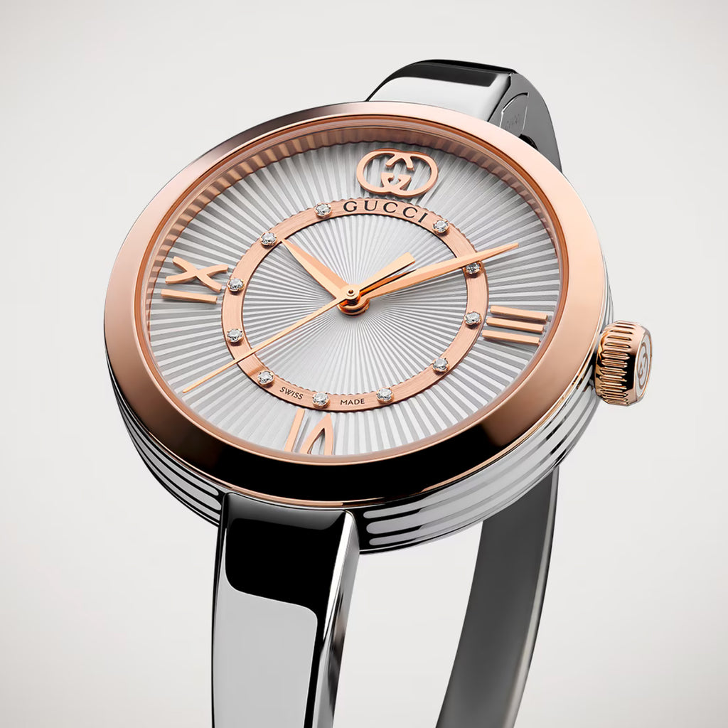 GUCCI Model 2000 Pink Gold Bezel Diamond Dial Bangle Bracelet - YA167524