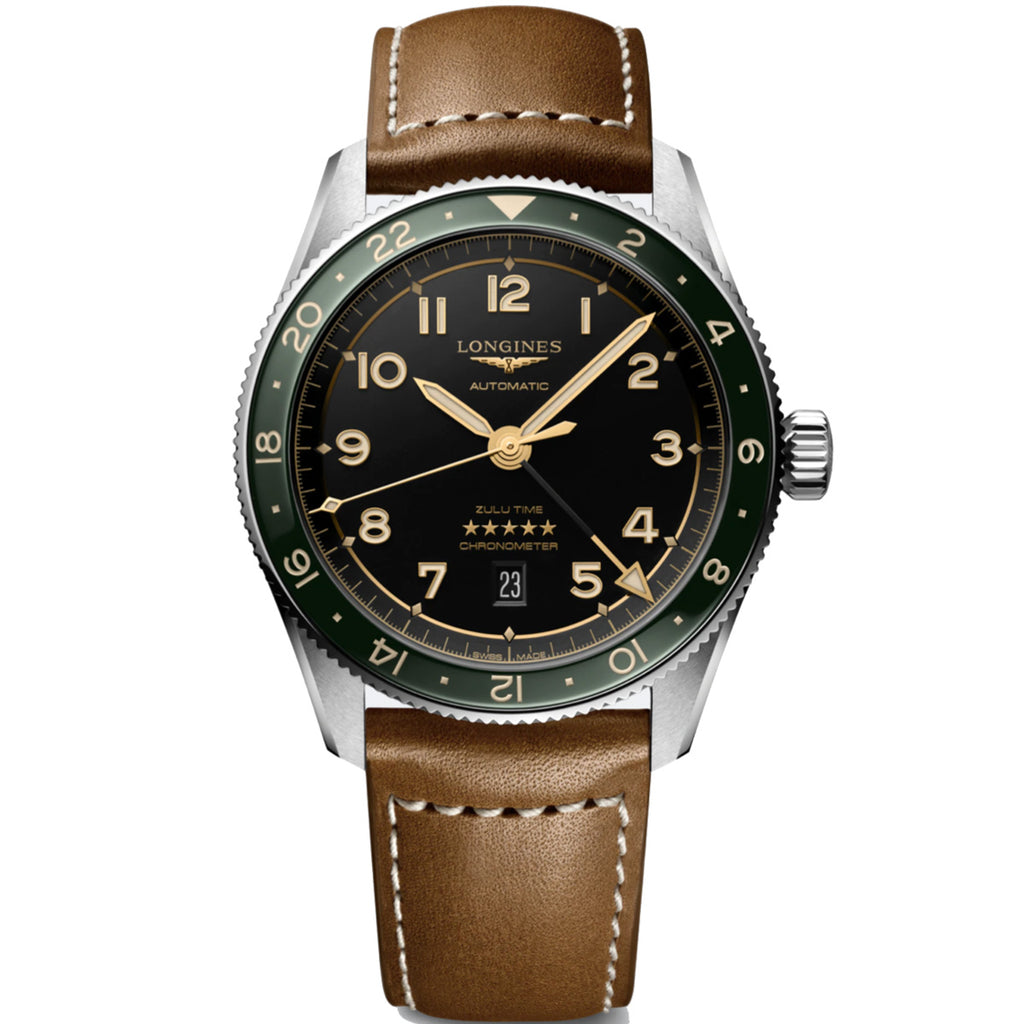 Longines - Spirit Zulu Time GMT 42 mm Green Bezel Anthracite Dial Leather - L38124632