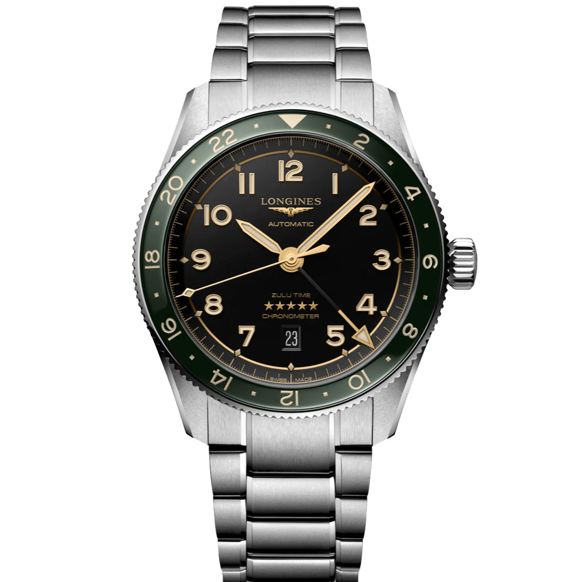 Longines Spirit Zulu Time GMT 42 mm Green Bezel Anthracite