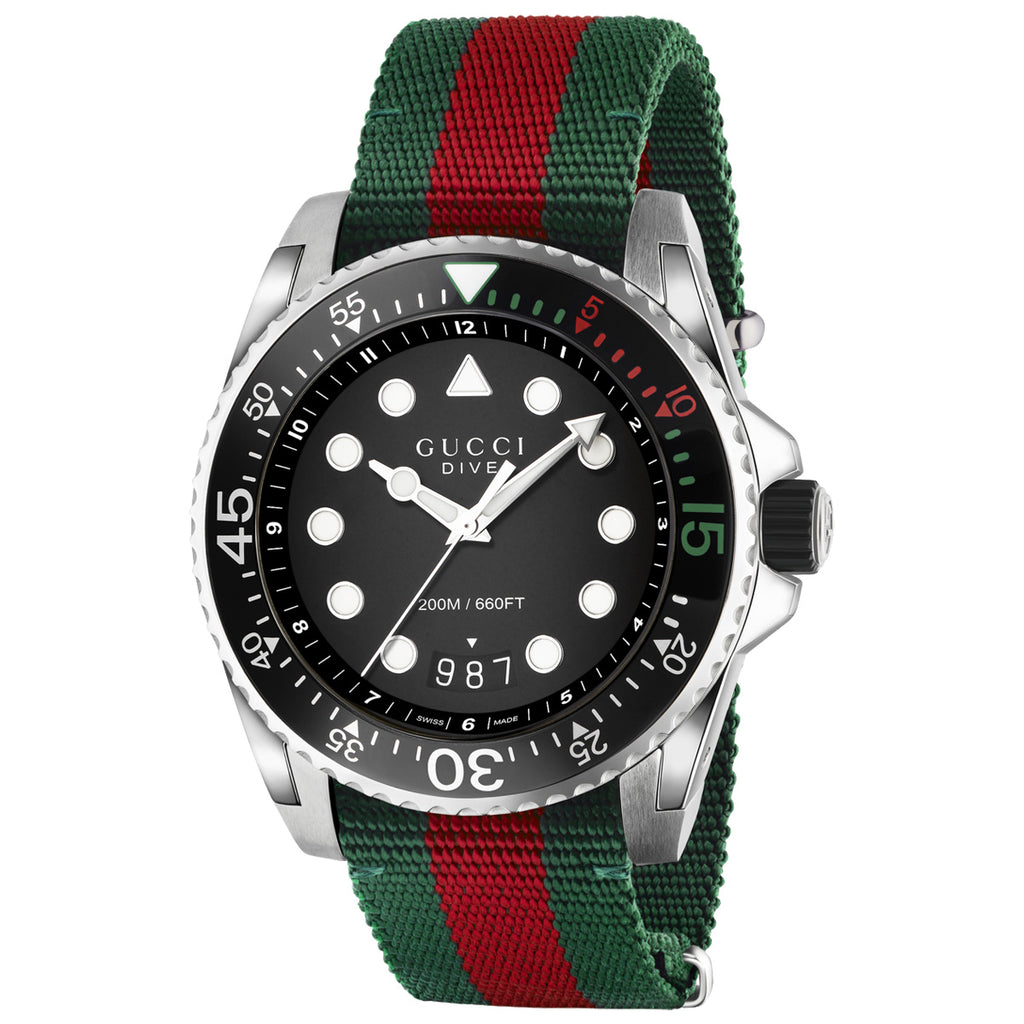 GUCCI - Dive 45 mm M3 Stainless Steel Black Dial Green Red Strap - YA136209A
