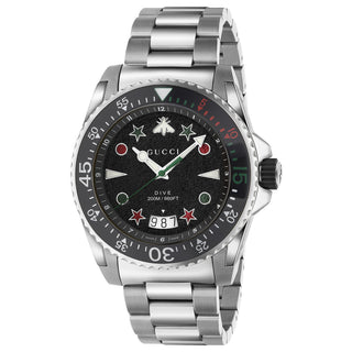 GUCCI Dive 45 mm M3 Steel Bracelet Green Red Stars & Bee Black Dial - YA136221