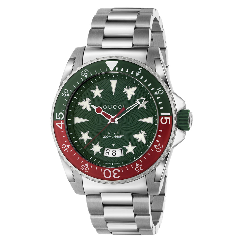 GUCCI - Dive Green Red Bezel Multi-color Dial Steel bracelet M3 - YA136222
