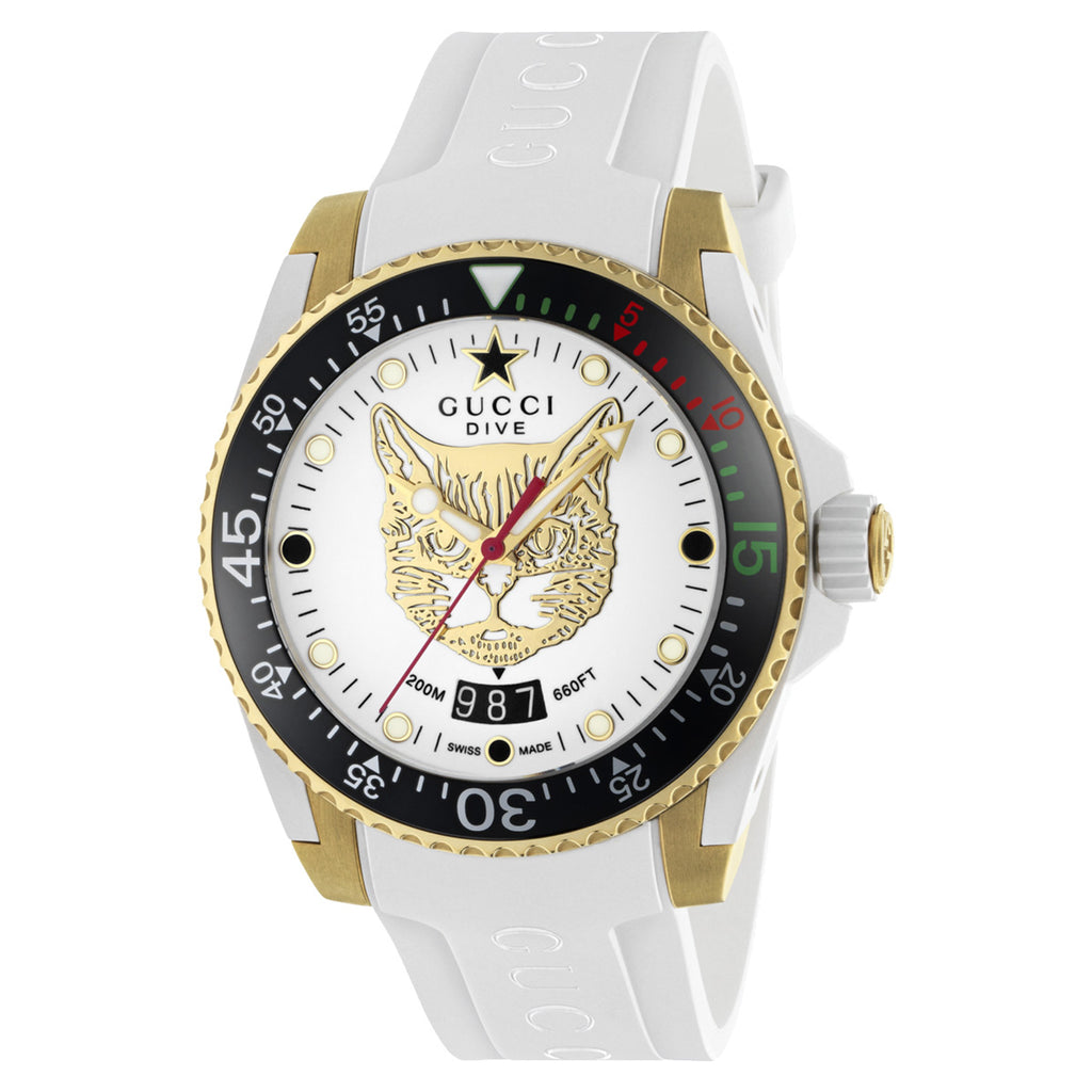 GUCCI Dive 40 mm M3 Feline Cat Dial Yellow Gold PVD White Rubber Band - YA136322