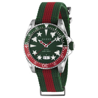 GUCCI Dive 40 mm M3 Steel Case Green Dial Recycled Green Red Strap - YA136339