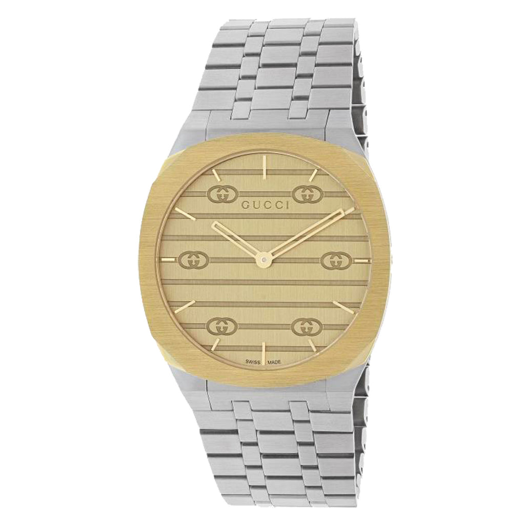 GUCCI 25H - 34 mm Stainless Steel & 18k Yellow Gold Plated Multi-layered Case, Golden Brass Dial, Interlocking G Motif, Five Link Stainless Steel Bracelet - YA163403